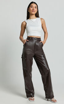 Elviera Pants - High Waisted Faux Leather Cargo Pants in Dark Chocolate