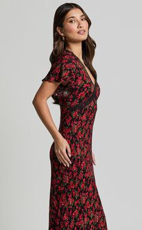 Vanya Midi Dress - V Neck Short Sleeve Lace Trim Tie Back Slip Dress in Black Floral