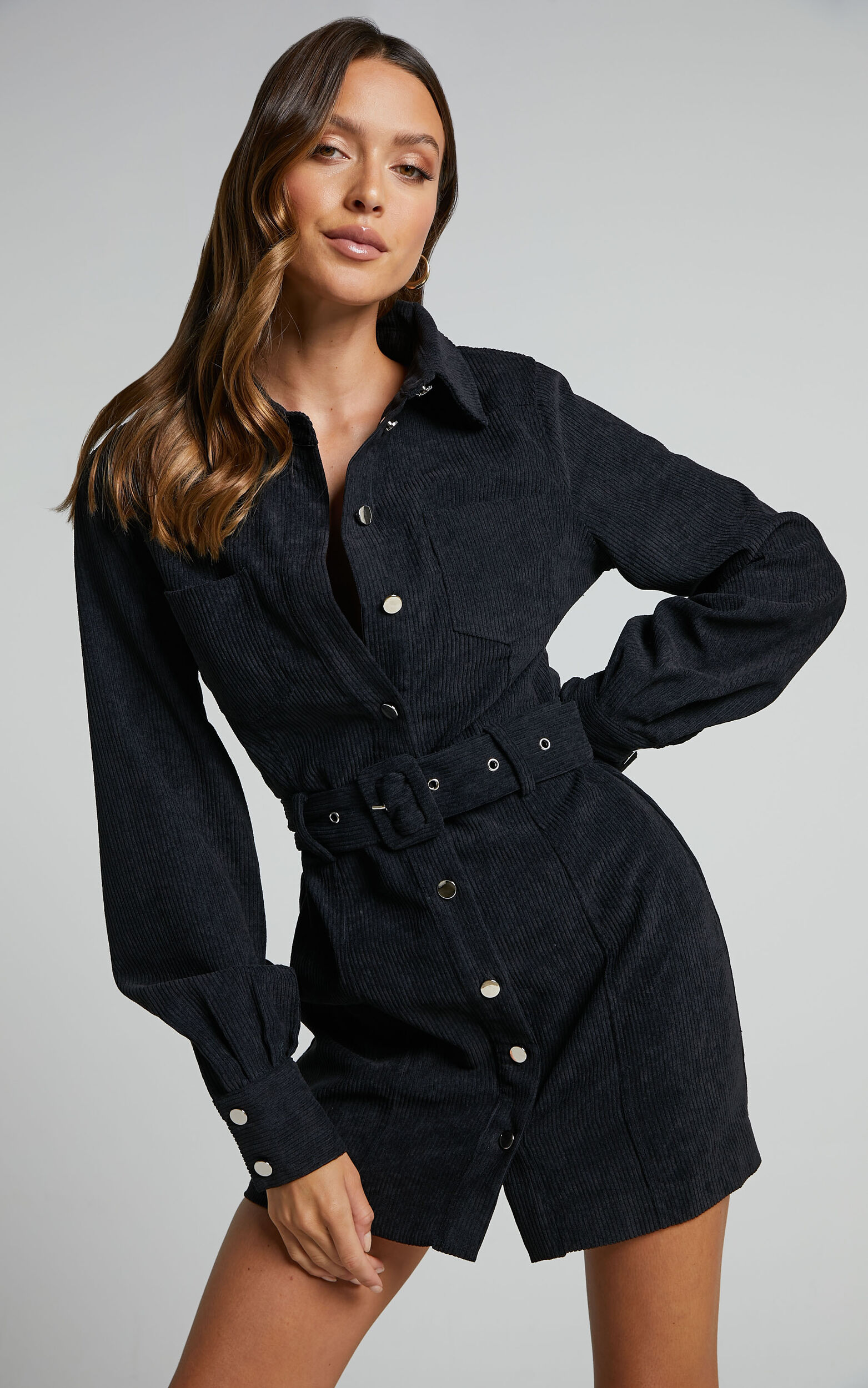Lida Mini Dress - Long Sleeve Belted Corduroy Dress in Black - 04, BLK1
