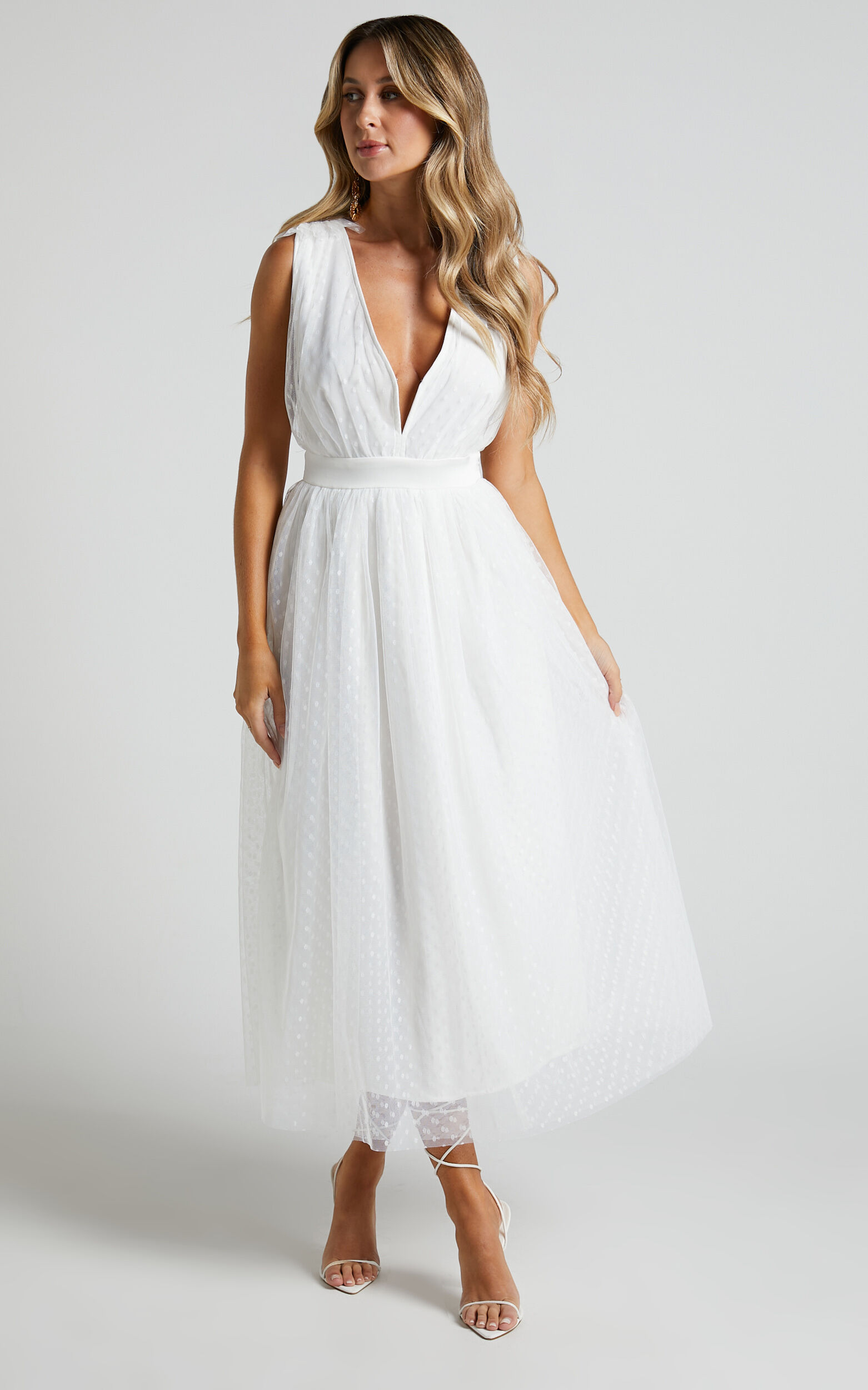 White plunge midi online dress