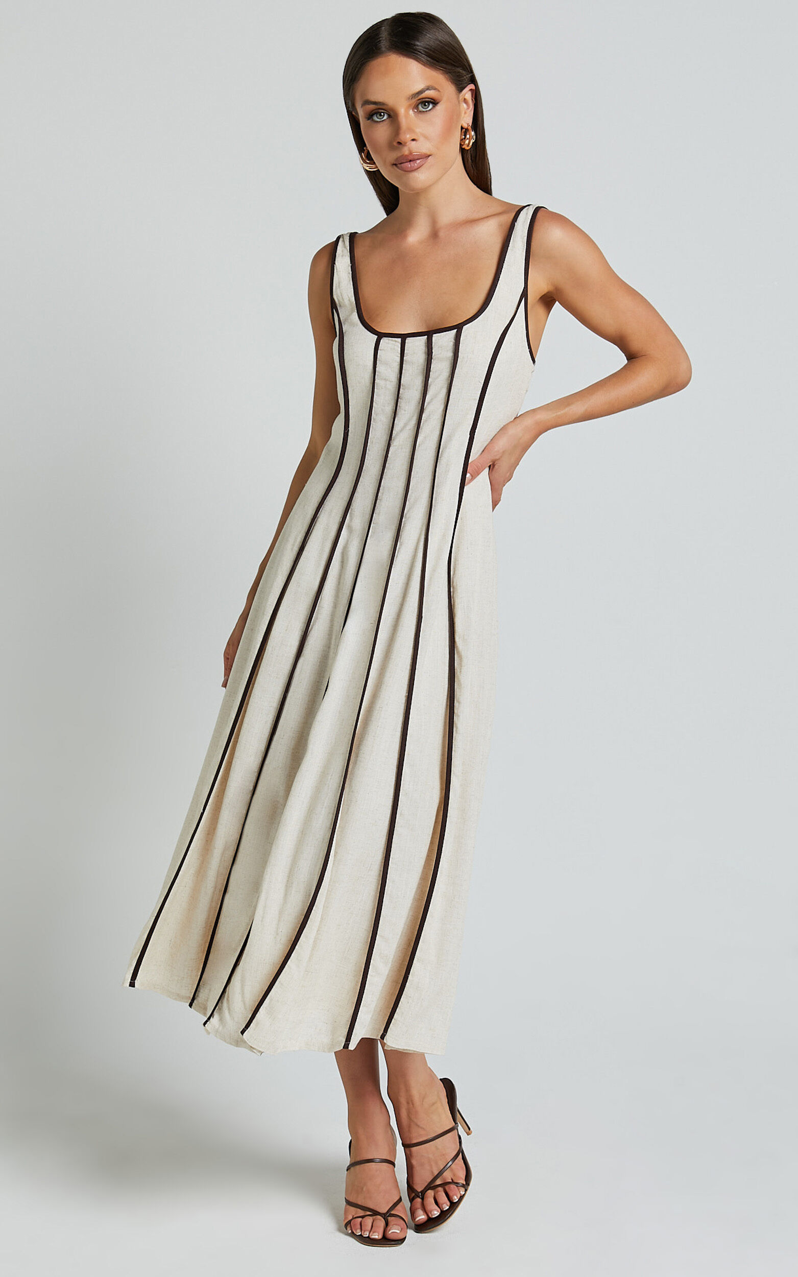 Yvette Midi Dress Scoop Neck Sleeveless A Line Dress in Natural Chocolate Showpo