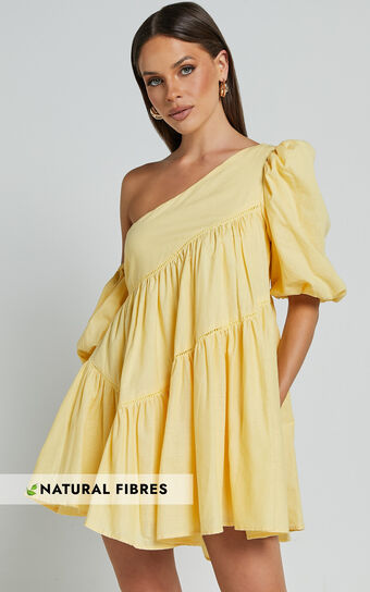 Harleen Mini Dress - Linen Asymmetrical Trim Puff Sleeve Dress in Lemon