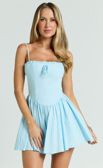 Julianne Mini Dress - Sweetheart Neck Drop Waist Pleated Dress in Light Blue