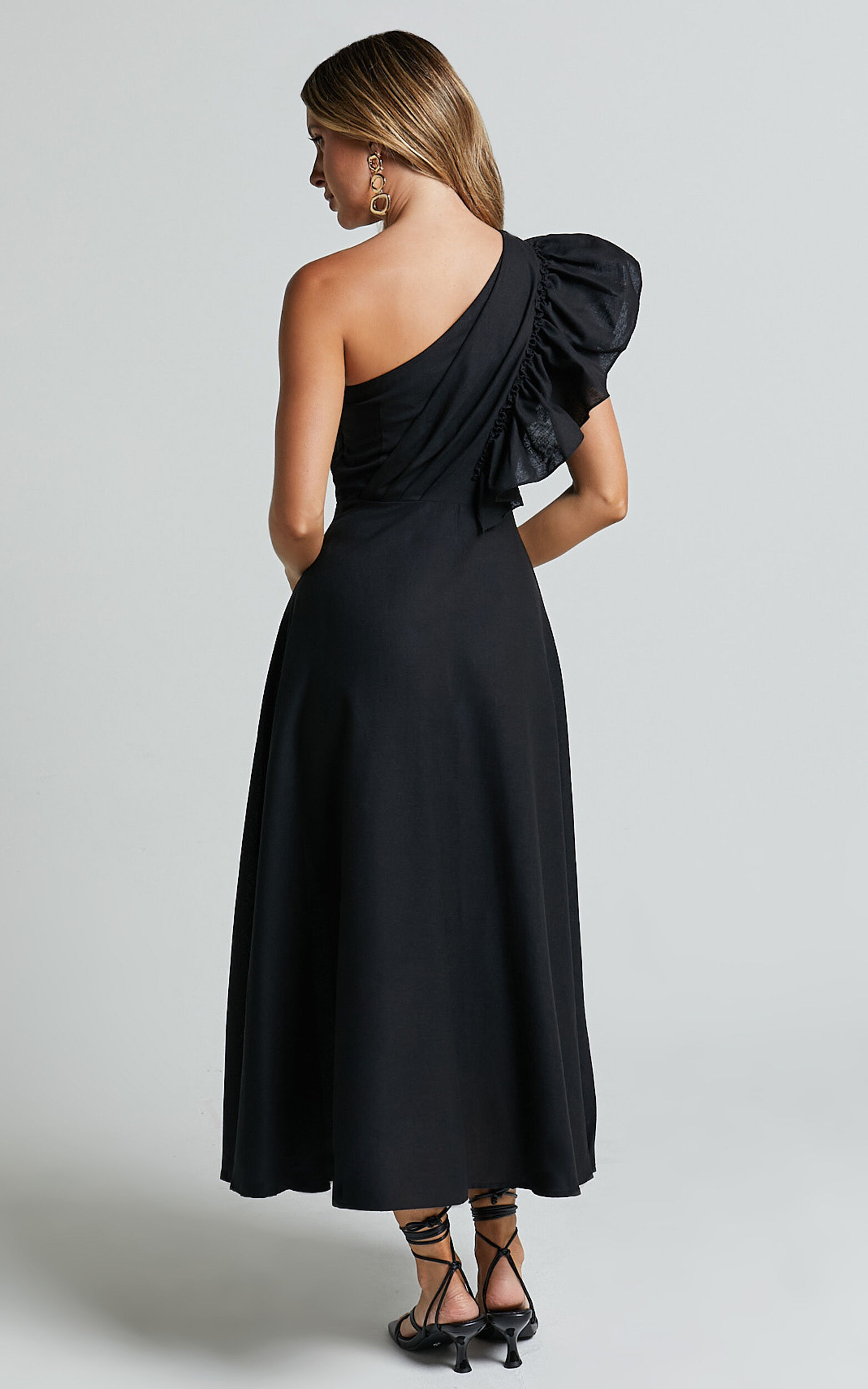 Dixie Midi Dress - Linen Look One Shoulder Ruffle Dress in Black | Showpo