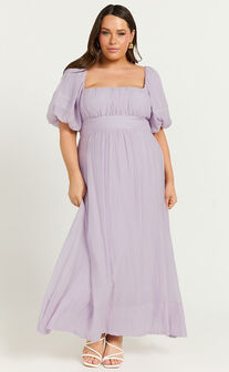Roshina Midi Dress - Straight Neck Puff Sleeve Dress in Lavender
