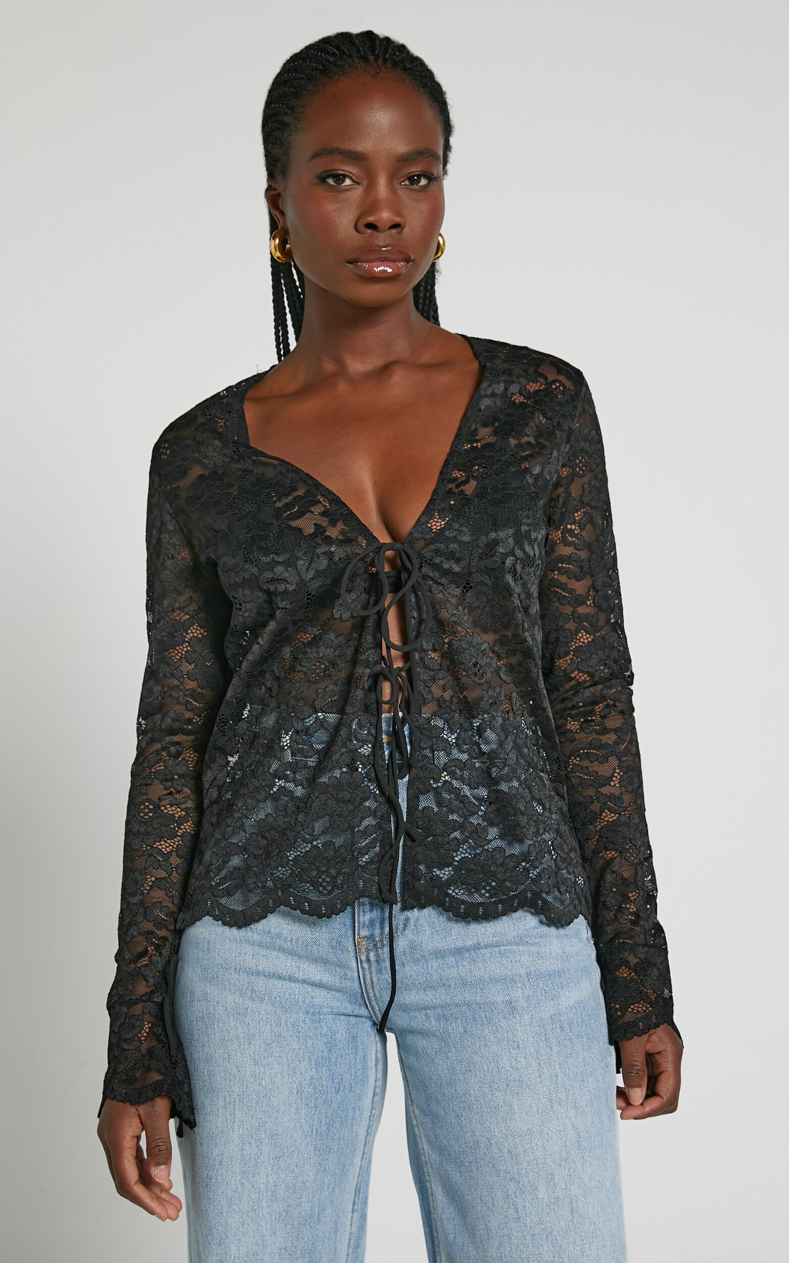 Mackenzie Top Long Sleeve Tie Front in Black Showpo