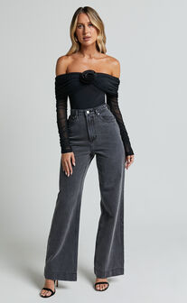 Seraphina Bodysuit - Off Shoulder Long Sleeve Detachable Rosette Mesh Bodysuit in Black