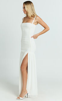 Cardi Maxi Dress - Ruched Mesh High Leg Split Dress in Ivory