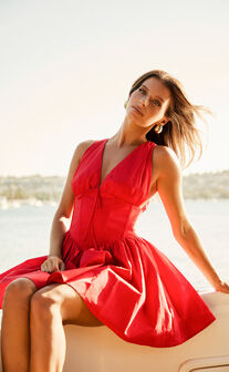 Madeline Mini Dress - V Neck Corset Waist Gathered Full Skirt Dress in Red
