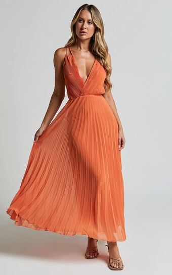Brylee Midi Dress - Satin Pleated Wrap Dress in Orange