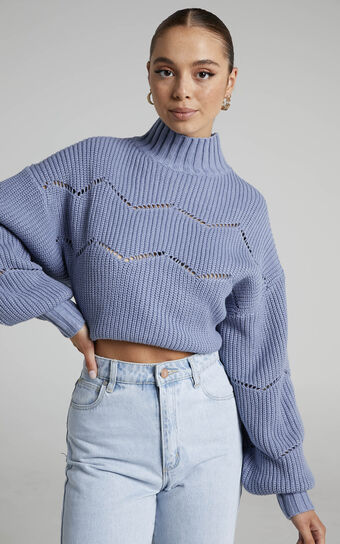 Kavitha High Neck Pointelle Knit Jumper in Light Blue