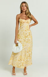 Giselli Midi Dress - Adjustable Strap Ruched Bust Dress in Lemon Floral ...