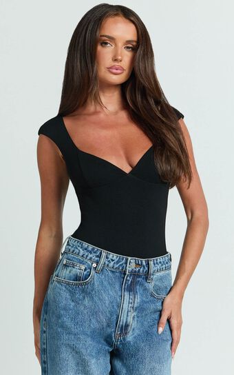 Juliette Bodysuit - Deep V Neckline Bodysuit in Black