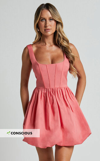 Brianda Mini Dress - Corset Bodice Bubble Hem Dress in Coral | Showpo USA