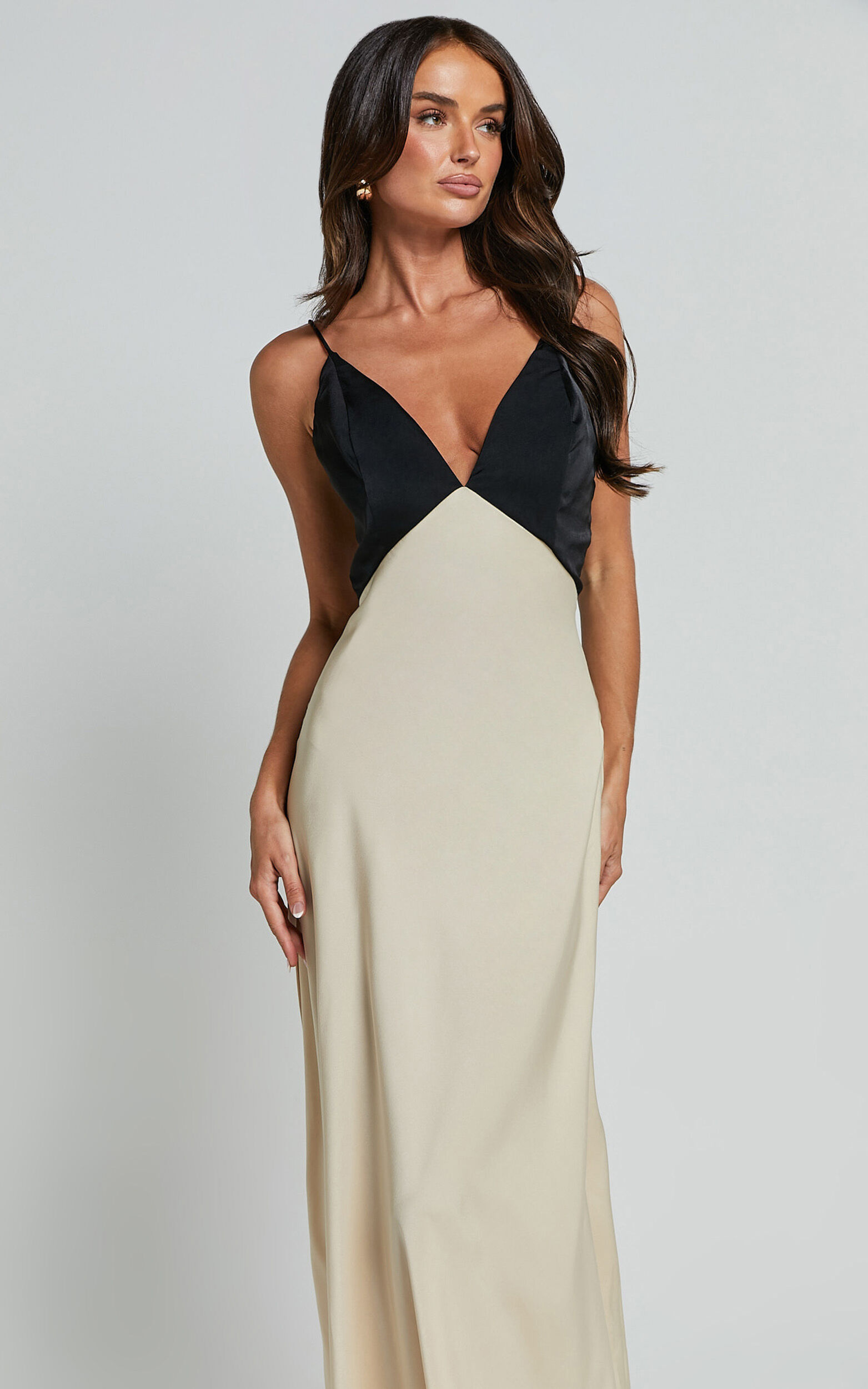 Quincy Maxi Dress - Contrast Panel Satin Slip Dress in Black/Champagne ...