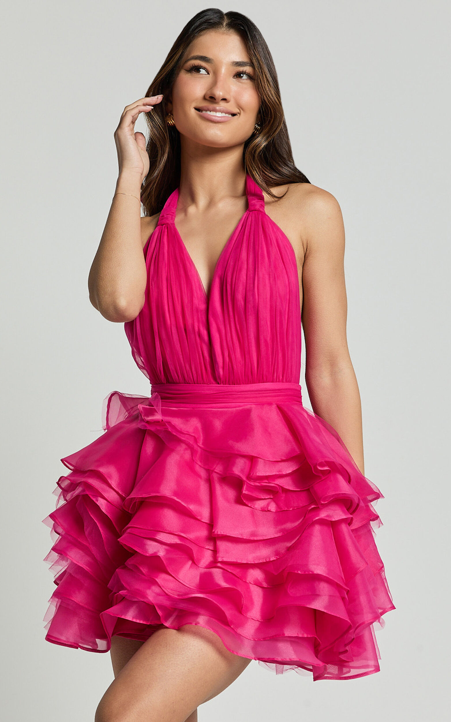Addison Mini Dress - Halter Neck Plunge Tiered Tulle Dress in Hot Pink ...