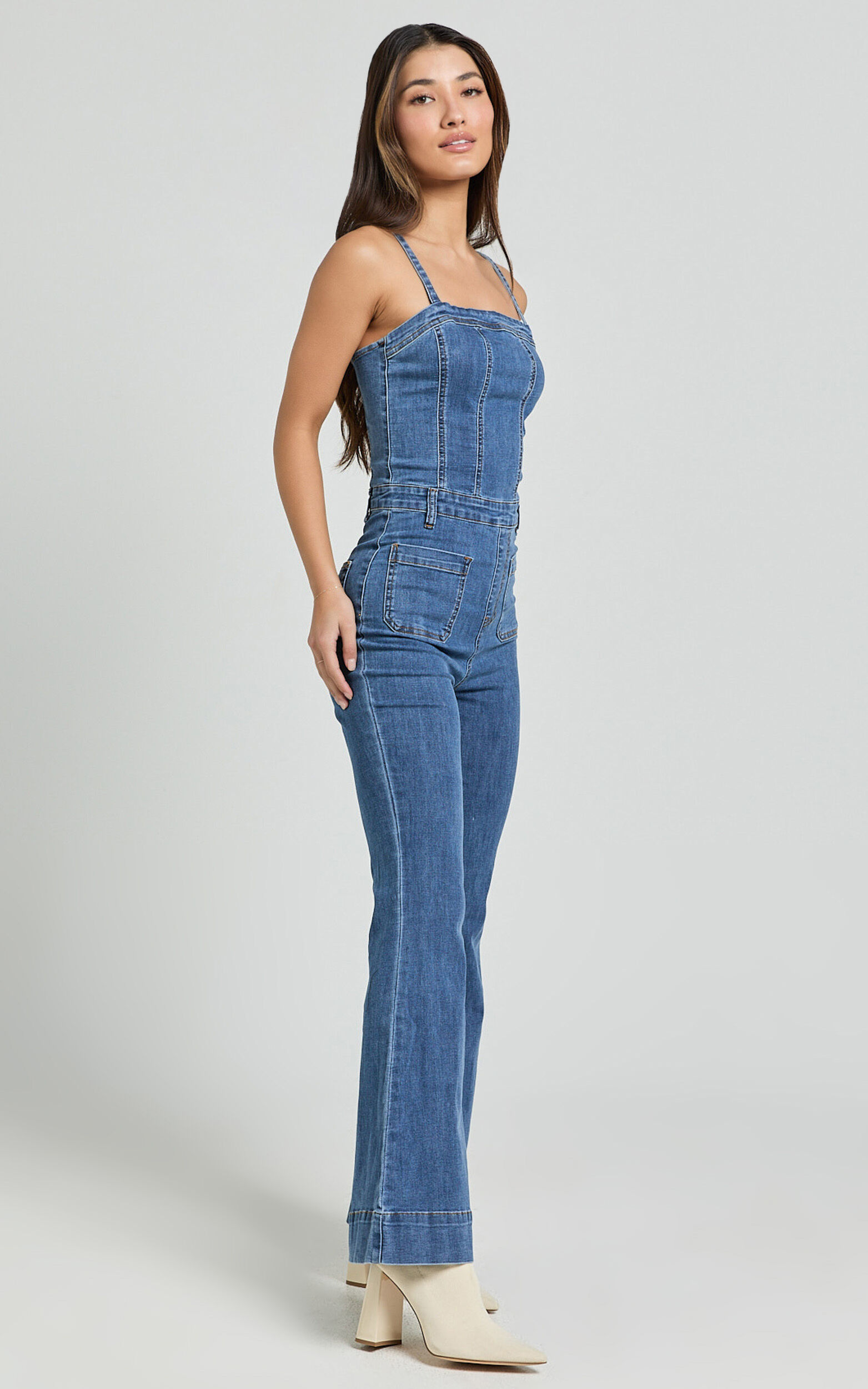 Joey Jumpsuit - Panelled Cami Flared Bottom Denim Jumpsuit in Dark Blue ...