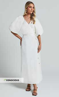 Amalie The Label - Santana Linen Blend Puff Sleeve Wrap Midi Dress in White