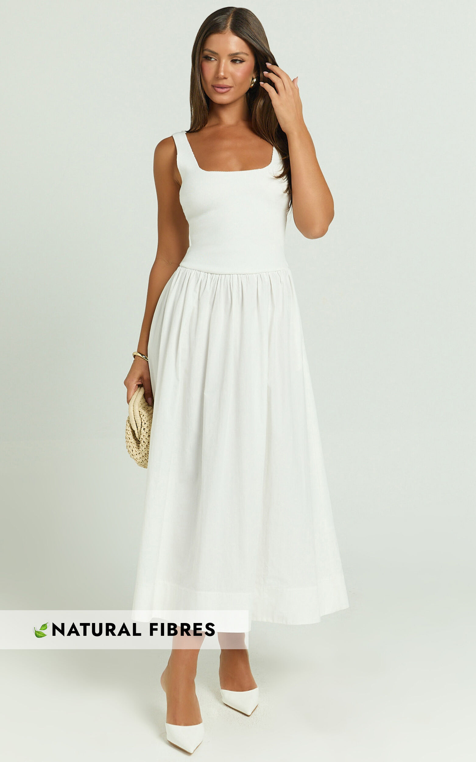 Murphy Midi Dress - Scoop Neck Straight Drop Waist Gathered Skirt Knit And Poplin Dress in White - 06, WHT1