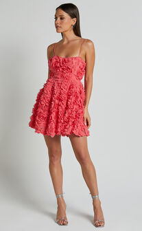 Alvia Mini Dress - 3d Flower Full Skirt Dress in Hot Pink