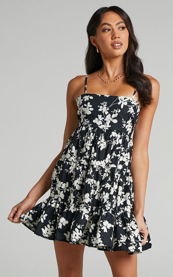 Lorelle Mini Dress - Straight Neck Tiered Dress in Black Floral