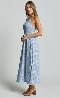 Aimie Midi Dress - Strappy Halter Neck Shirred Top in Blue Gingham Check