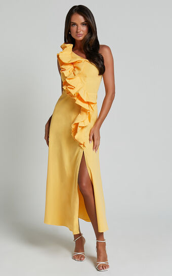 Rita Midi Dress - One Shoulder Ruffle Detail Dress in Yellow Showpo