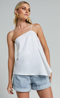 Amalie The Label - Charmonique Linen Asymmetric One Shoulder Cami Linen Top in White