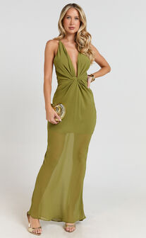 Tamara Maxi Dress - Plunge Neck Ruched Open Back Dress in Sage
