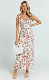Mauriel Midi Dress - Deep V Gathered Bust Slip Dress in Red Floral