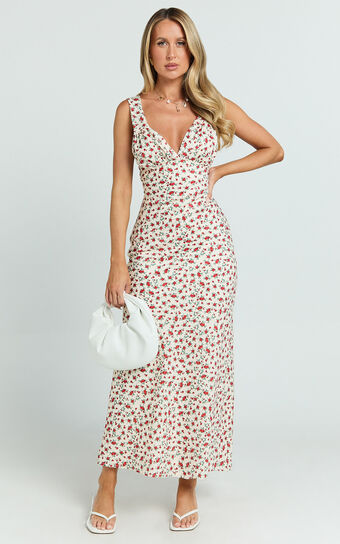 Mauriel Midi Dress - Deep V Gathered Bust Slip Dress in Red Floral