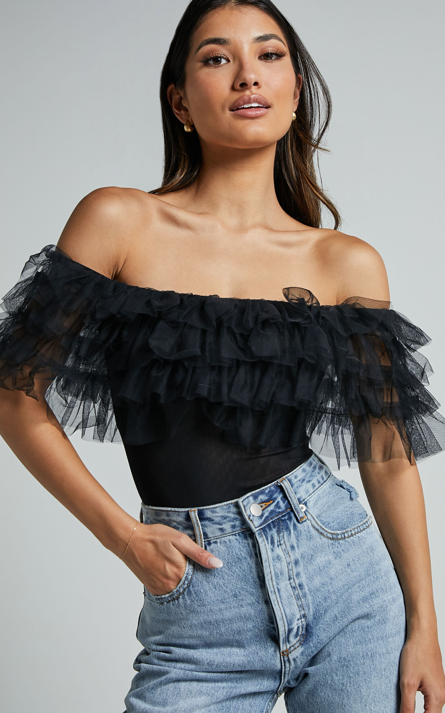 Blake Bodysuit - Off Shoulder Tiered Tulle Bodysuit in Black - 06, BLK1