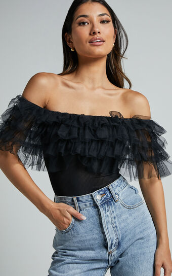 Blake Bodysuit - Off Shoulder Tiered Tulle Bodysuit in Black