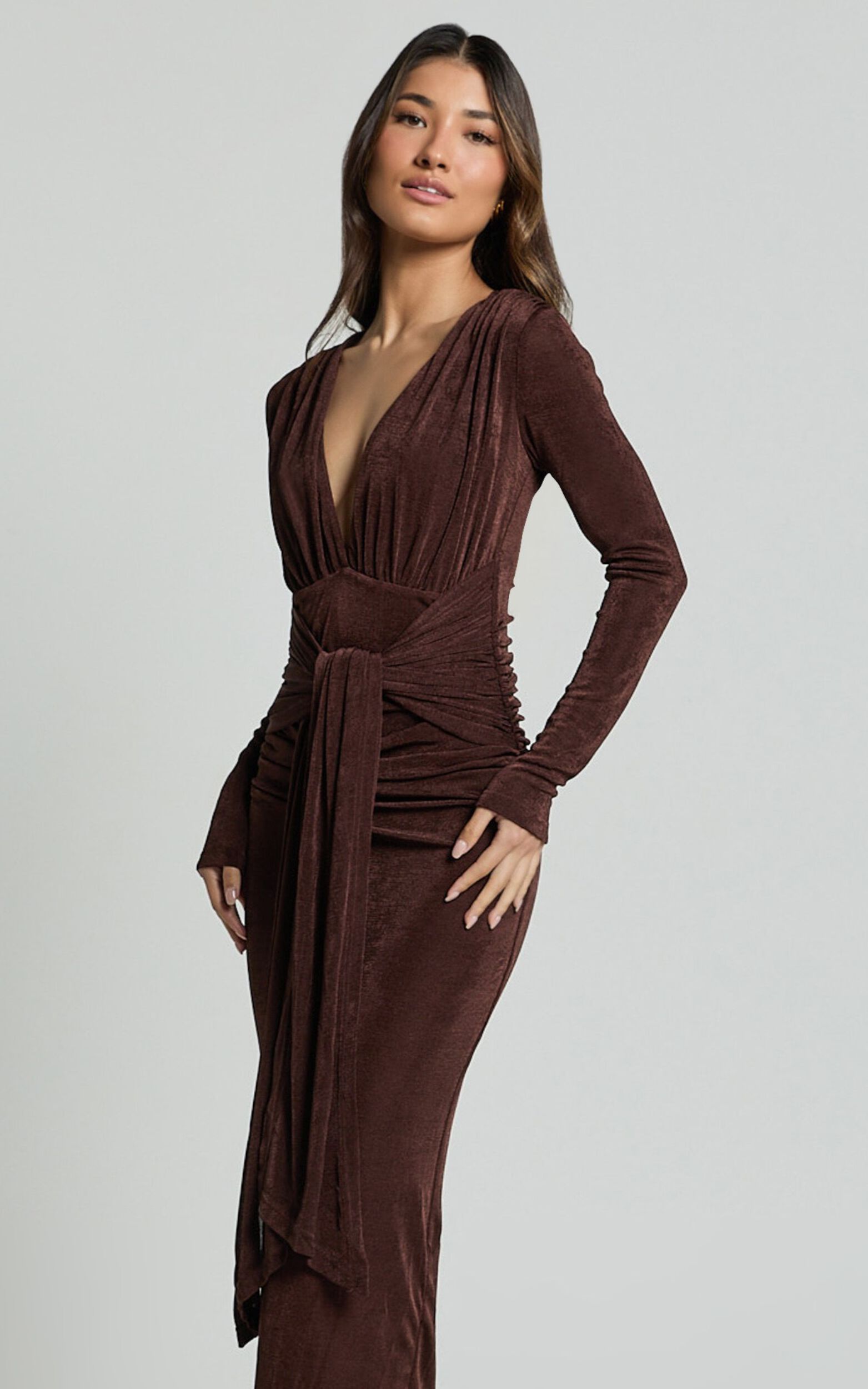 Melanie Midi Dress Plunge Long Sleeve Tie Front Dress in Chocolate Showpo