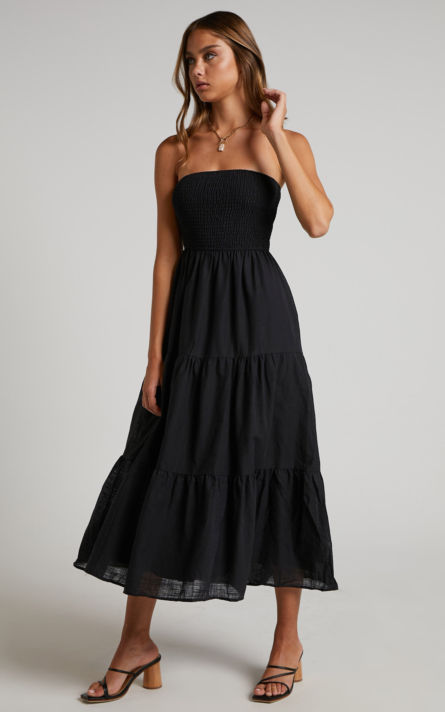 Shirred strapless dress on sale