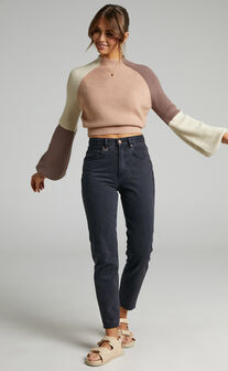 Kensley Jumper - Colour Block Turtleneck Balloon Sleeve Knit Jumper in Beige
