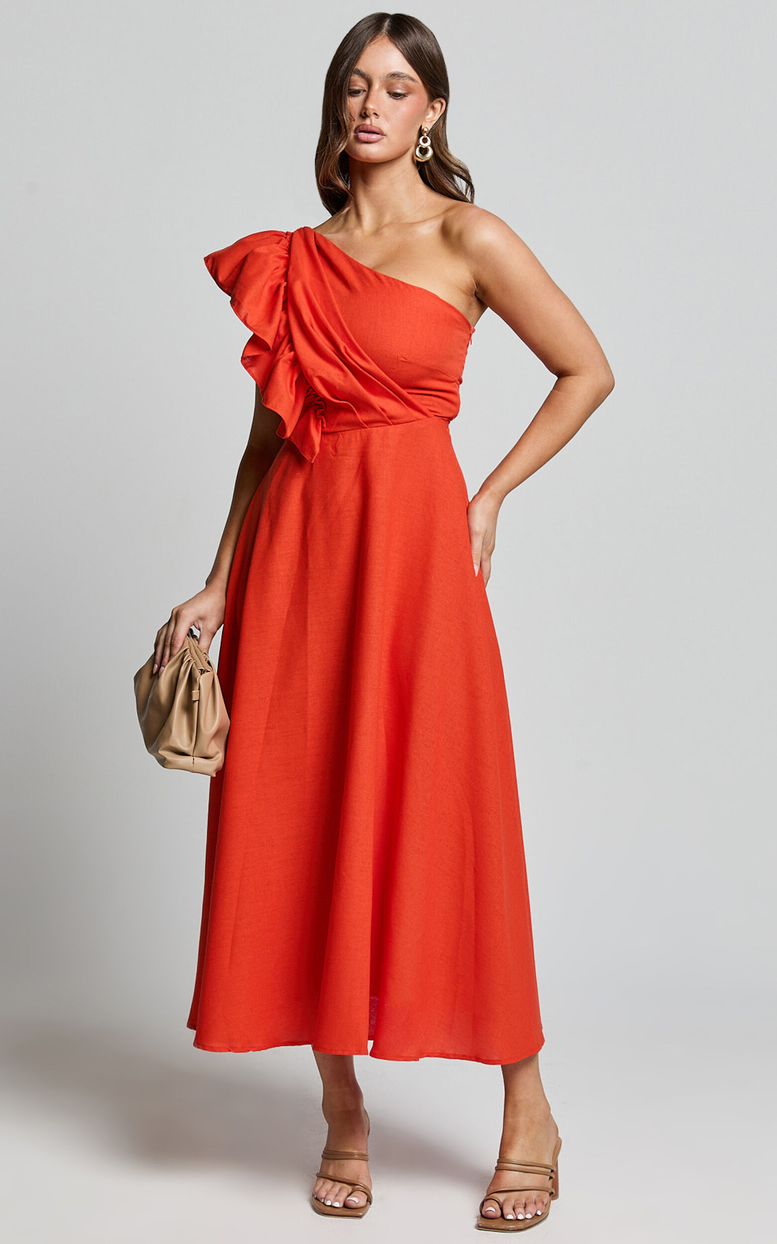 Dixie Midi Dress Linen Look One Shoulder Ruffle Dress in Red Orange Showpo USA