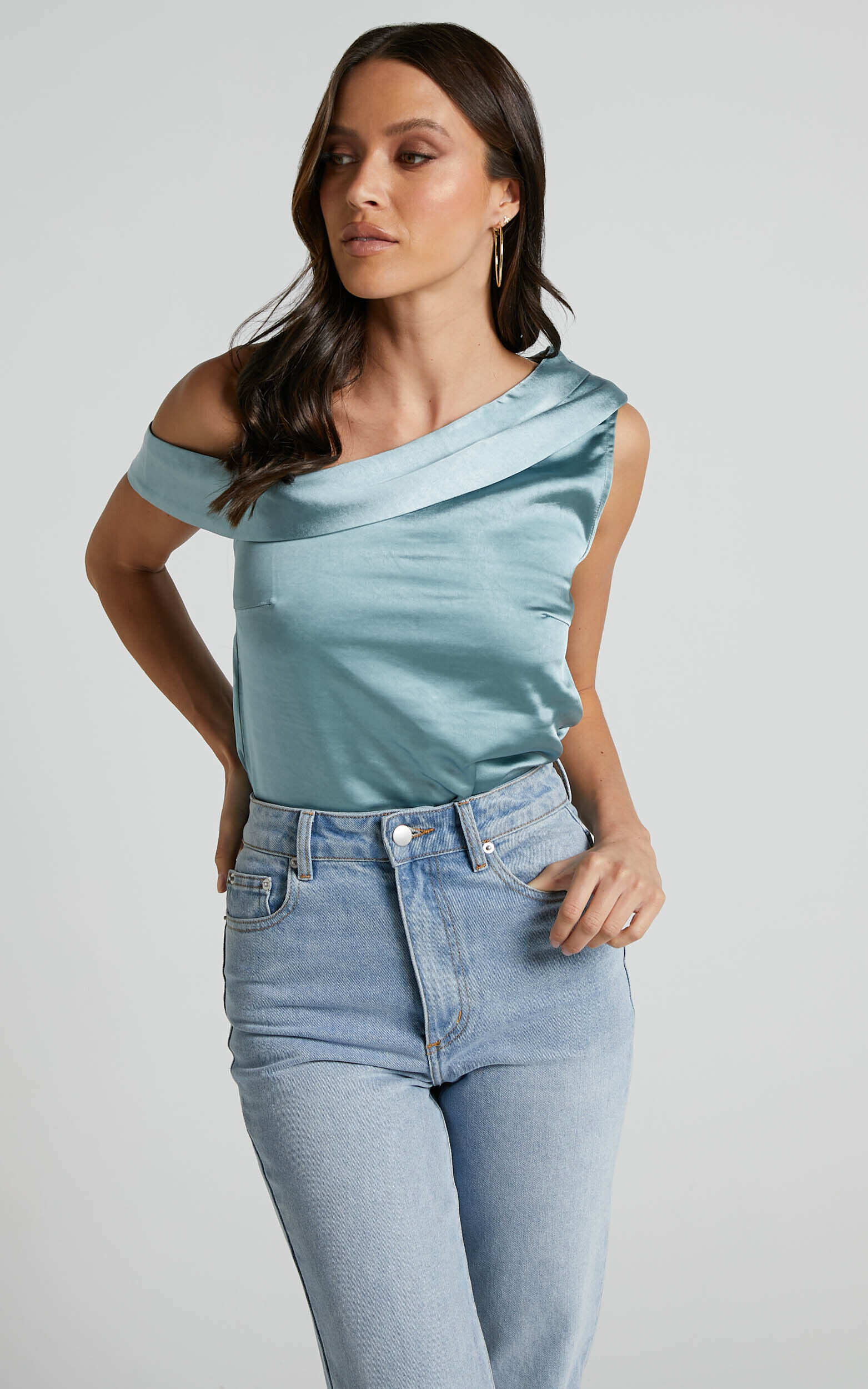 Indah Top Draped Off Shoulder Top in Sage Showpo USA