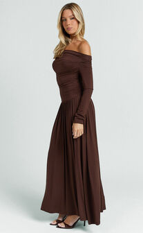 Antonia Maxi Dress - Off The Shoulder Long Sleeve Dress in Brown