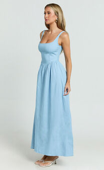 Rhaziya Midi Dress - Sleeveless Straight Neck Fit and Flare Dress in Blue