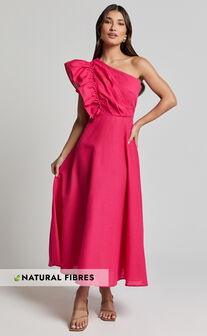 Dixie Midi Dress - Linen Look One Shoulder Ruffle Dress in Raspberry