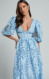 Anieshaya Midi Dress - V Neck Cut Out Lace Dress in Soft Blue | Showpo USA