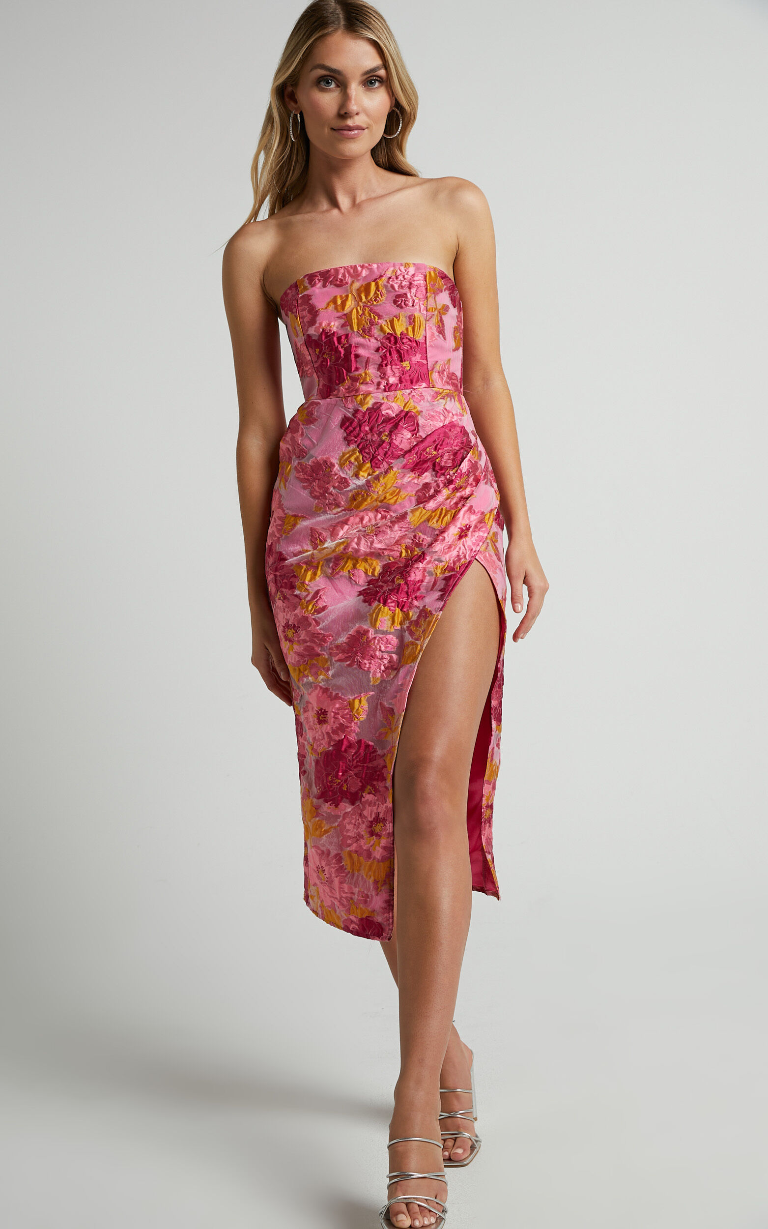 Brailey Midi Dress Thigh Split Strapless Dress in Pink Jacquard