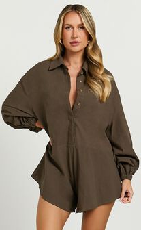 Anka Playsuit - Relaxed Button Front Shirt Playsuit in Khaki