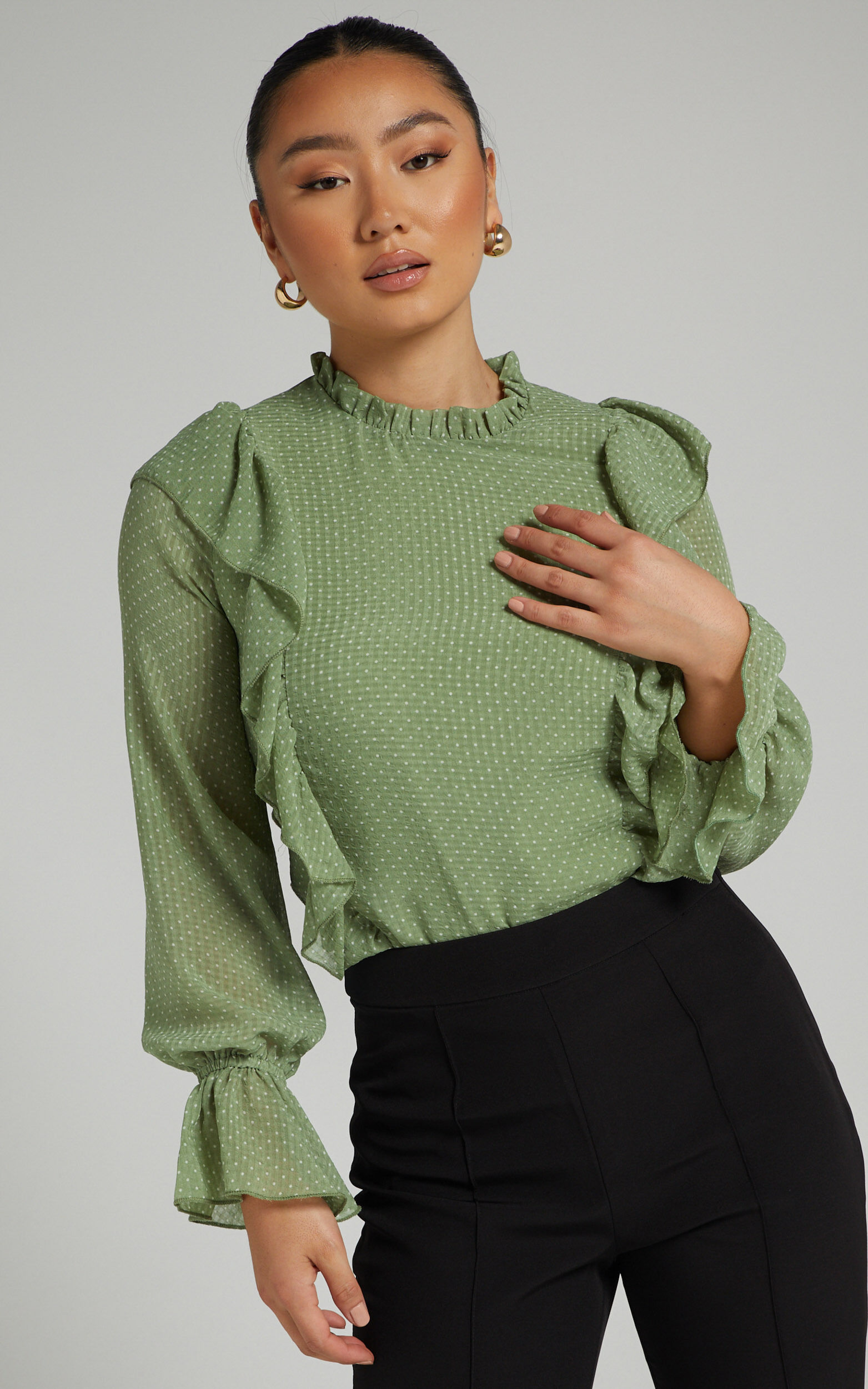 Moving Spots Top - Long Sleeve Top in Green Spot - 04, GRN2