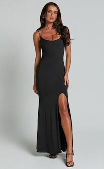 Tasteful Midi Dress - Cowl Neck Bodycon Thigh Split Dress in Black