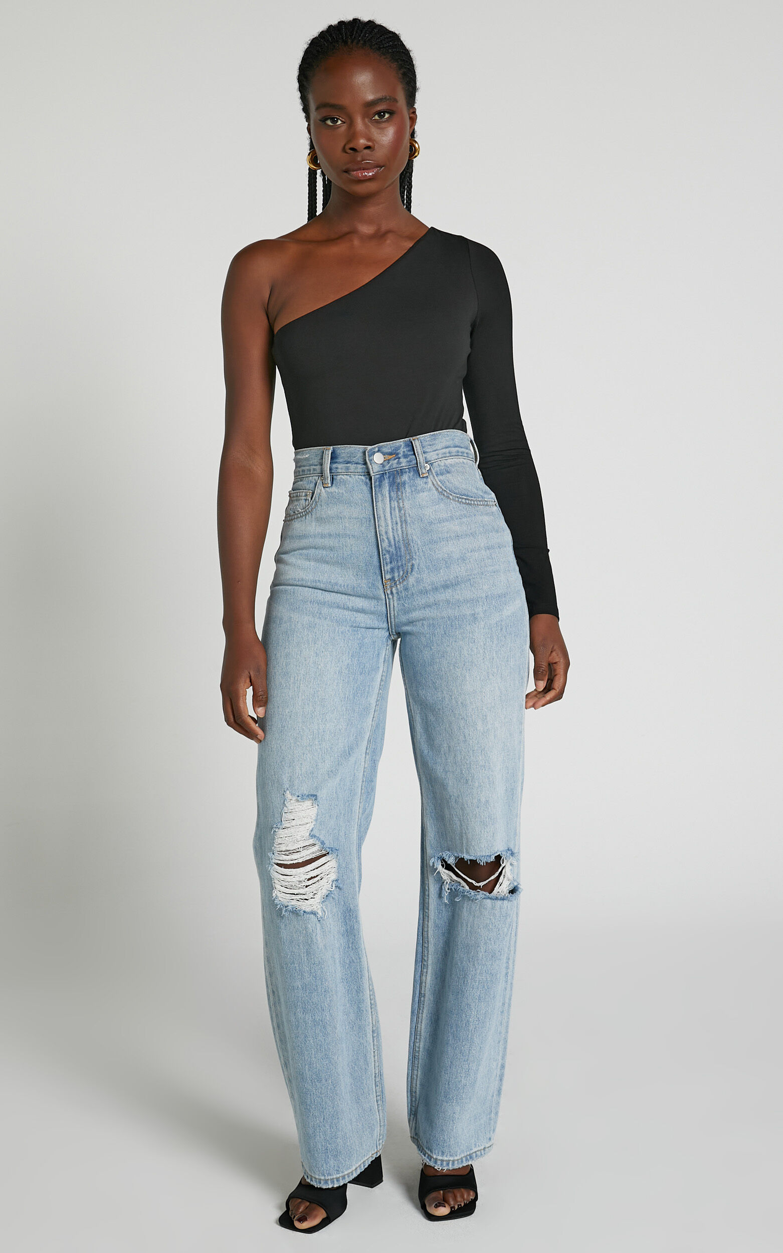 Khanley Bodysuit One Shoulder Long Sleeve Bodysuit in Black