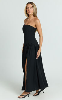 Nadiane Maxi Dress - Strapless Asymmetric Drop Waist Dress in Black