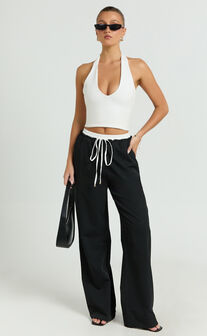 Maliha Pants - Mid Rise Contrast Elasticated Drawstring Wide Leg Tailored Pants in Black