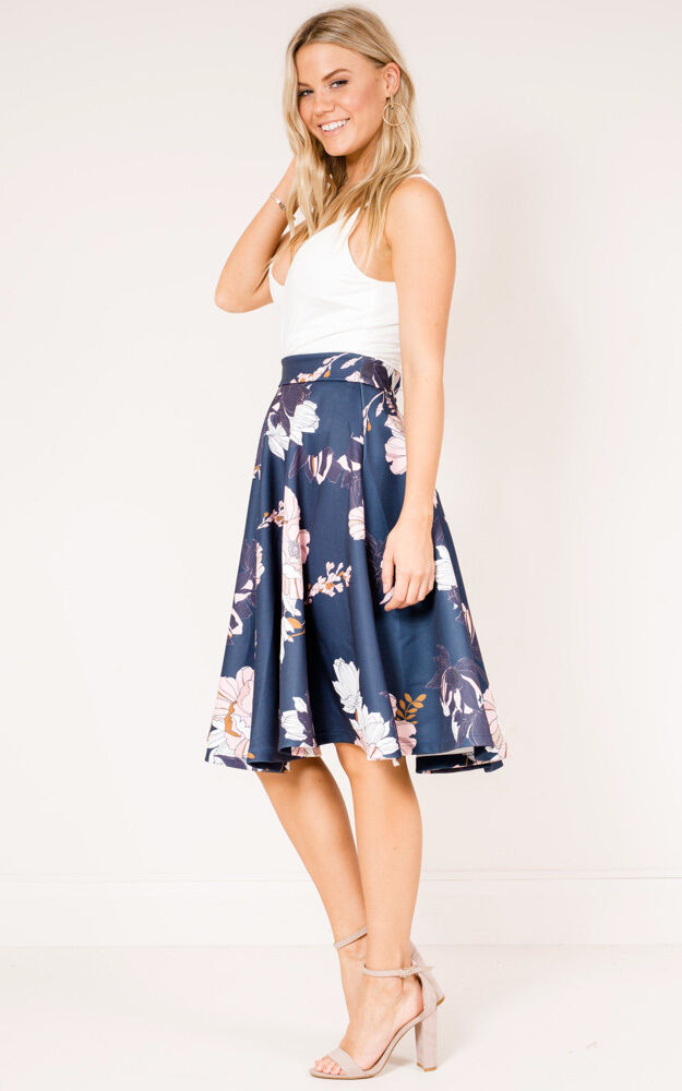 Navy blue floral midi skirt best sale